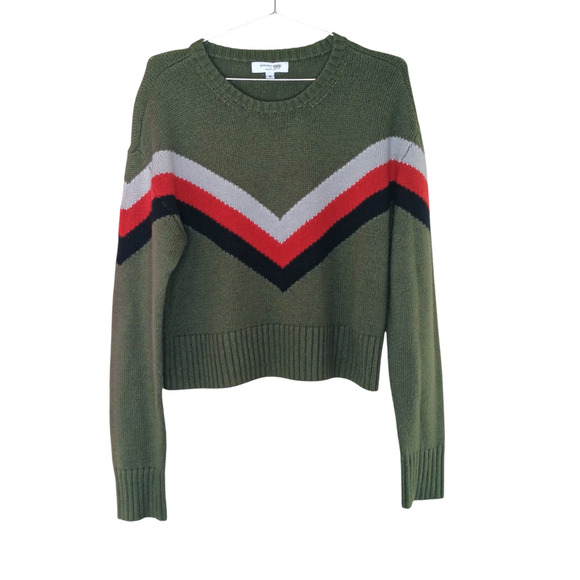 Marissa Webb Collective Women’s Sweater M Olive Green Chevron Stripe Crewneck Pu - Picture 2 of 12